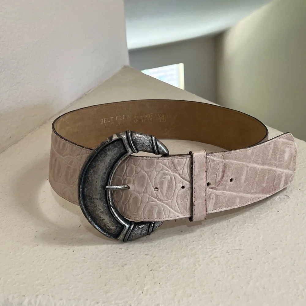 Vintage Beige Leather Wide Waist statement‎ Belt Moc Croc 90s Y2K Womens Small